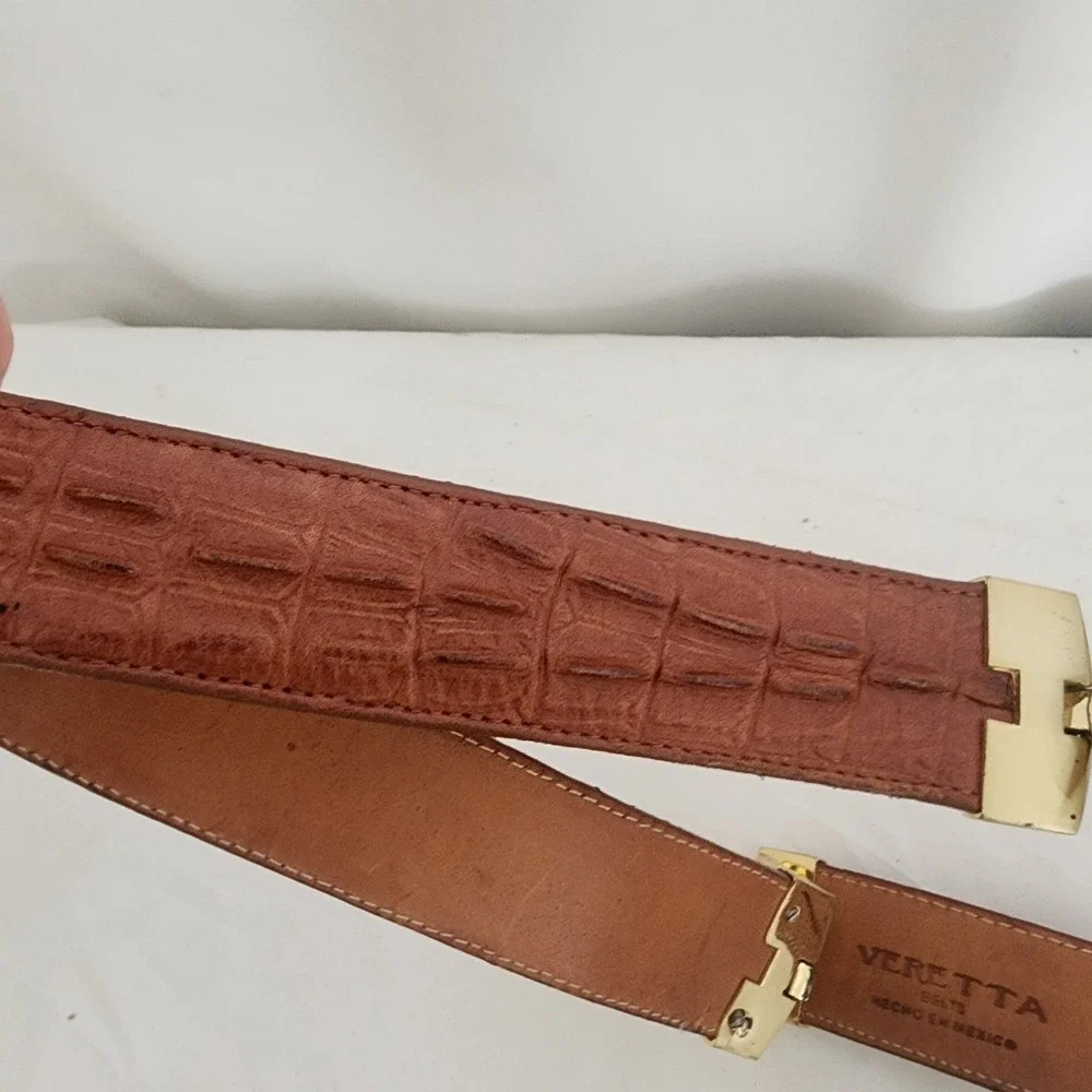 Veretta Leather Belt 42 Western Mexico Caiman Embossed Metal Hinge Lion Brown